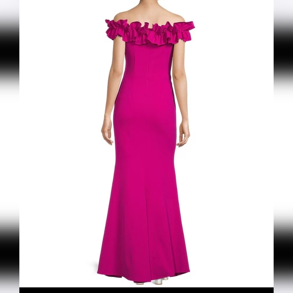 Xscape long crepe over the shoulder ruffle gown - Picture 2 of 3